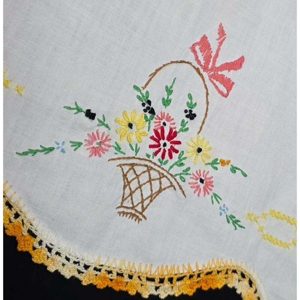 Vintage Embroidered Table Runner – Yellow Floral with Crochet Trim – 19.5